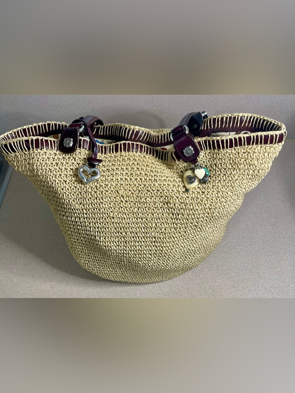 Brighton Straw Bag Burgundy Leather Trim Heart Charms Large Beach Shoulder Purse